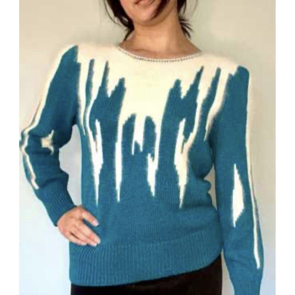 Franco Valeri vintage Blue White knit sweater multicolor pattern Small Y2K